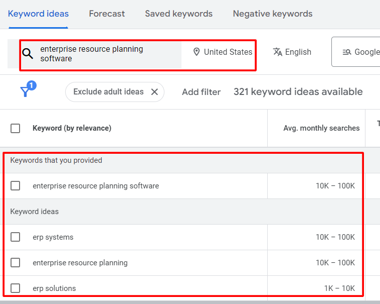 Google keyword planner searches for enterprise resource planning software keyword