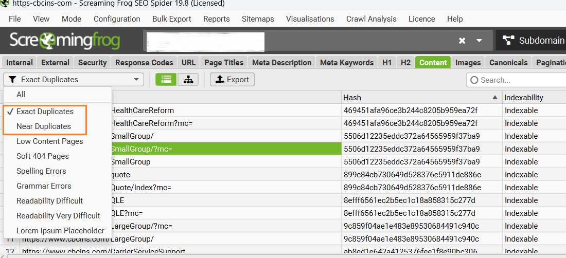 Screaming Frog duplicate content data